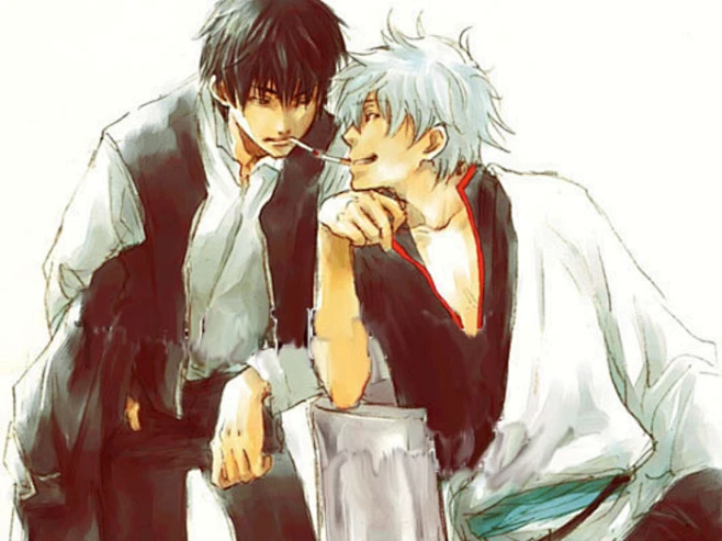 the image features two young men in anime style. the man on the left is leaning on the other man's shoulder with a mischievous grin on his face, while the man on the right is leaning back with a smile, looking off into the distance. the two men seem to be enjoying each other's company. they are both dressed in casual clothing, with the man on the left wearing a dark suit and the man on the right wearing a white shirt. their clothes are stylized in a way that is typical of anime and manga. the image is drawn in a bright and colorful style.