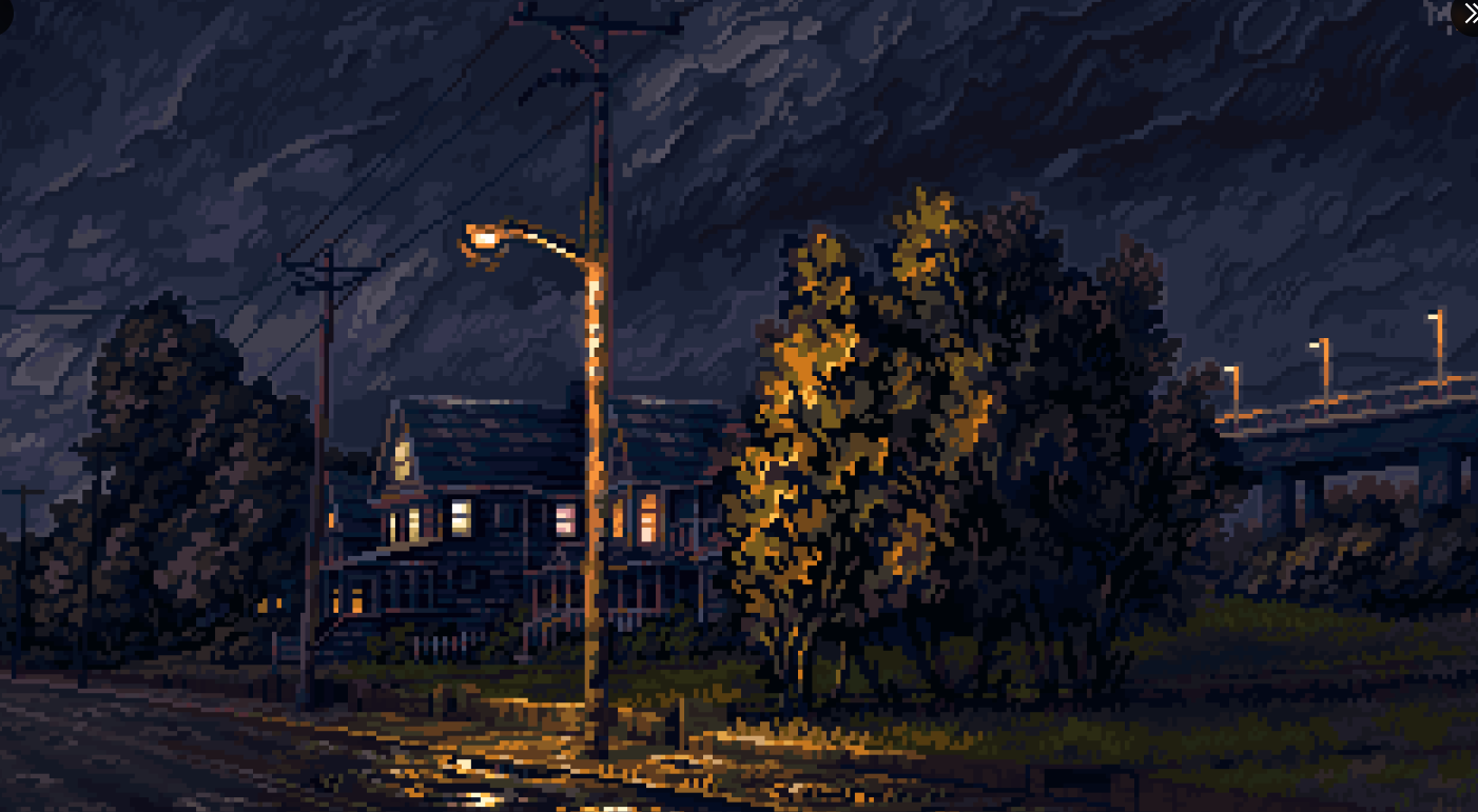 the image is a pixel art illustration depicting a street scene at night. a residential house with lit windows is situated on the left side, partially obscured by trees. a lamppost stands near the house, casting light on a rainslicked street. the sky is dark and cloudy, and a bridge with lights is visible in the background. the overall mood is gloomy and atmospheric, characteristic of pixel art style with a focus on detail and mood setting.