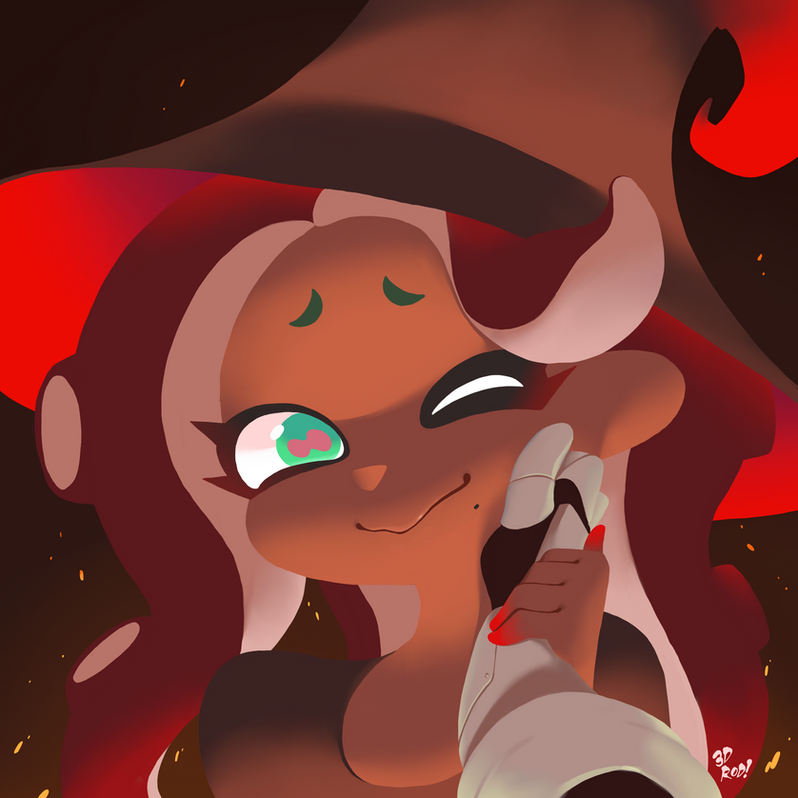 this is a digital art piece featuring an anime style squid girl with red hair. she is wearing a black hat and is smiling. she is being touched on the face by a robot hand. the background is red and black.