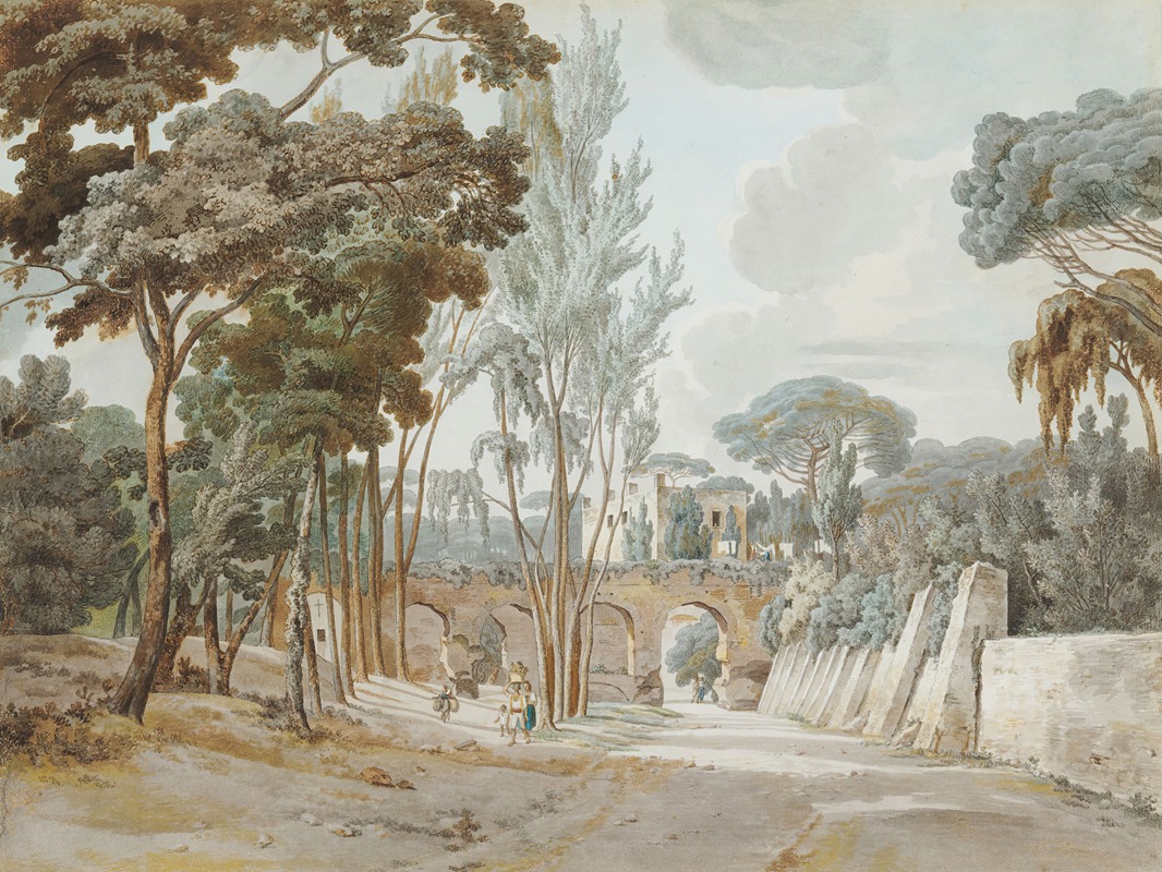a watercolor painting depicts a landscape with a road leading through an archway. trees are abundant throughout the scene, with varying shapes and foliage. people are seen walking along the road. an architectural structure with arches is prominent in the middle ground. the painting has a historical feel, with a muted color palette and a focus on natural elements.