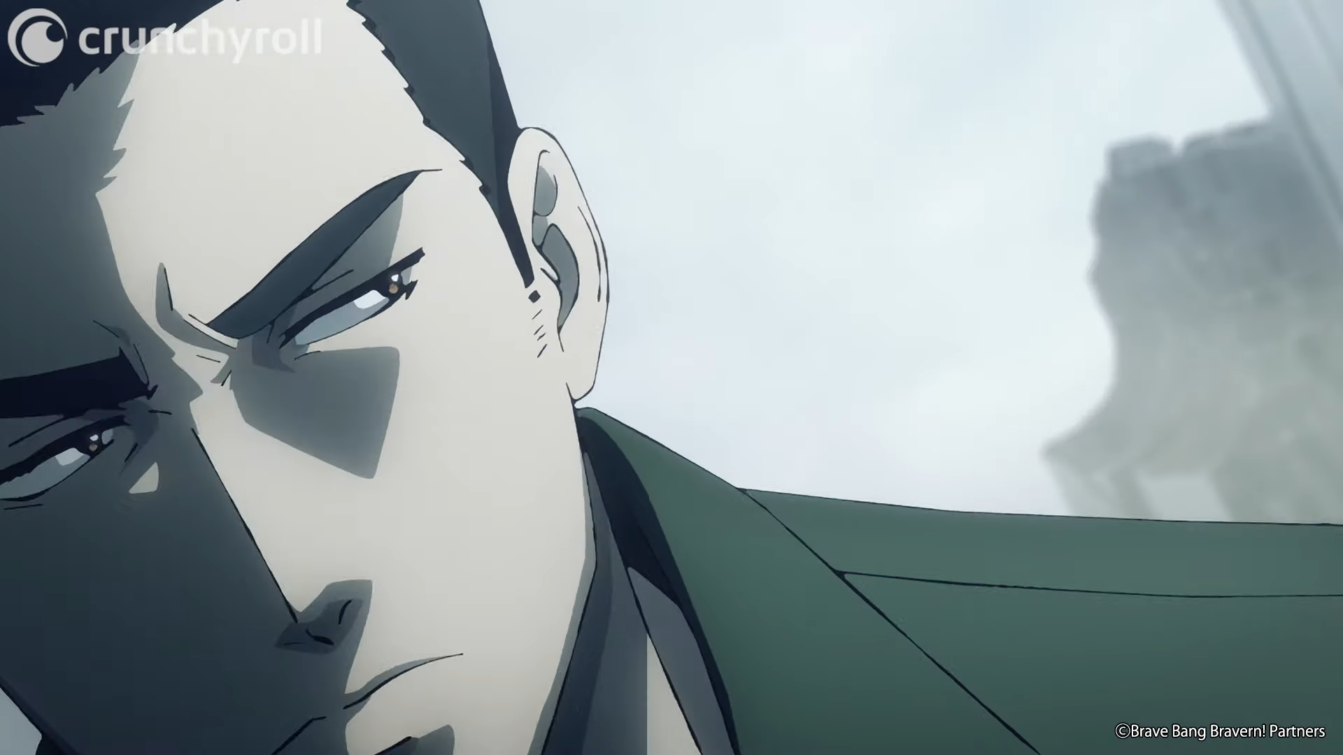 a closeup illustration of an anime man with short black hair and a serious expression. his face is partially shadowed, highlighting the sharp angles of his jawline and cheekbones. he appears to be wearing a green jacket over a black shirt. the background suggests a destroyed city, shrouded in dust and debris, creating an atmosphere of bleakness and tension.  the use of grayscale and soft lighting enhances the drama of the scene.