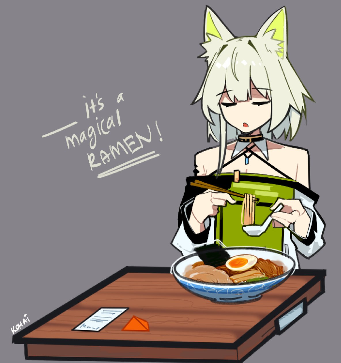 an illustration of a girl with fox ears eating a bowl of ramen with chopsticks at a wooden table. the girl is wearing a green and white outfit. she is smiling and looking down at her ramen. the text "it's a magical ramen!" is written in the top left corner. the image is in a cartoon style and has a colorful palette.
