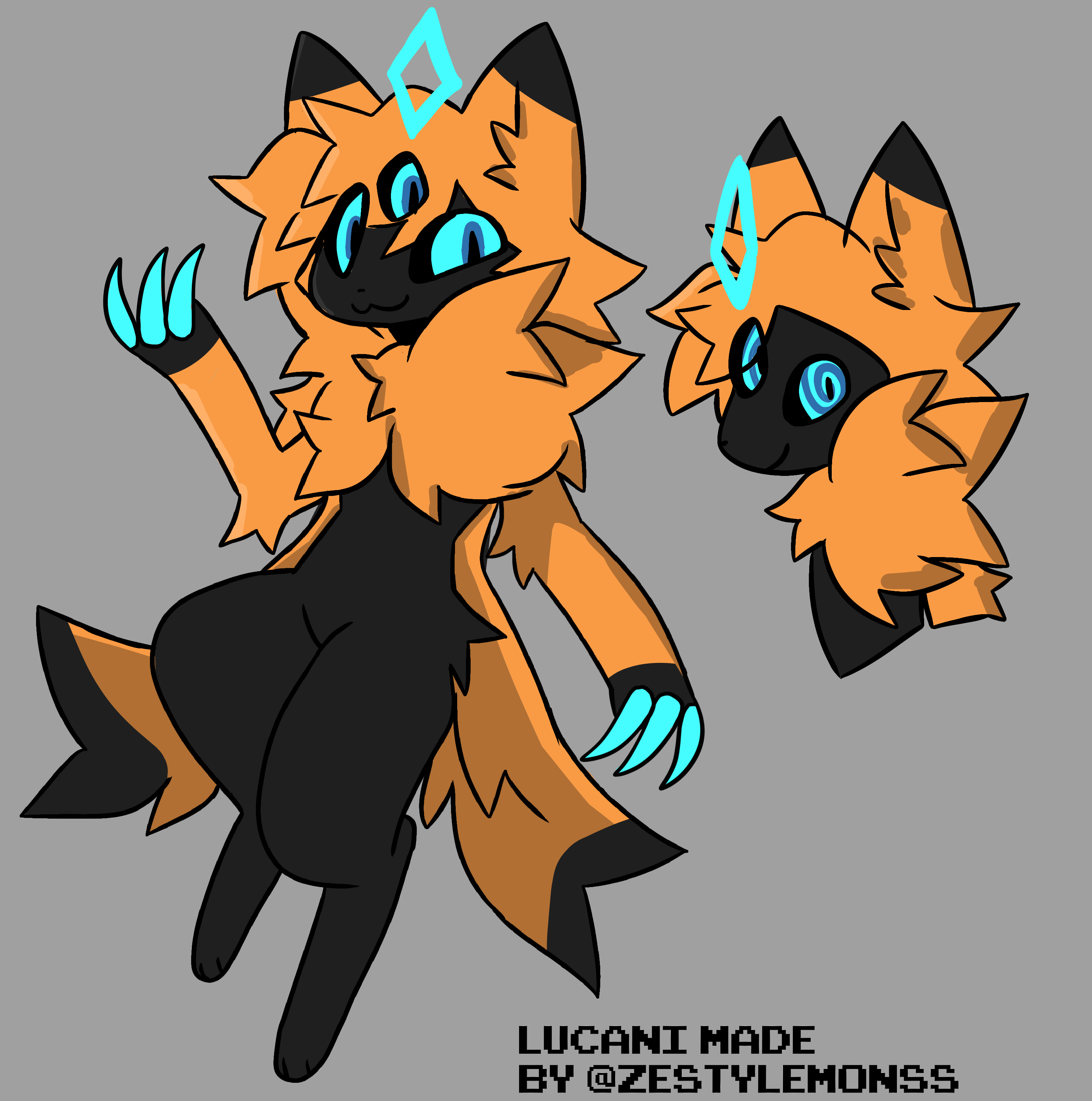 this is a digital illustration of a furry character with orange fur and black details. the character has three blue eyes, large ears, and a long tail. the character is depicted with sharp black claws and a  small blue gem on the forehead. in the background is a grey color.