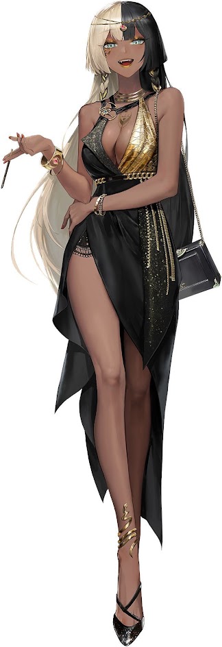 the image showcases an anime female character with long black and white hair styled in a sleek updo. she's dressed in an elegant, black, and gold dress that reveals her legs. the dress features a thighhigh slit and is embellished with gold accents and jewelry. she is standing in a confident pose, with her hand raised as if holding a glass of champagne. her expression is bright and friendly, with a hint of mischievousness in her smile. the overall style of the image is sophisticated and fashionable, highlighting the character's confident and charming personality.