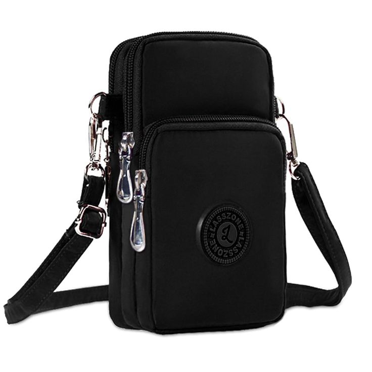 a black nylon crossbody purse with two zippered compartments and a long adjustable strap. the purse has a round logo on the front with the words "lasszone" around the perimeter. the zippers have silver pulls.