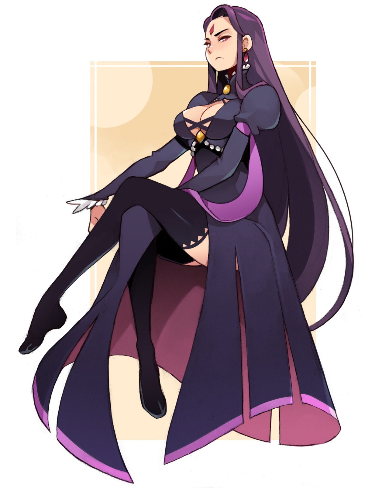the image showcases a female character drawn in an anime/manga style.  she has long, flowing black hair and is dressed in an elegant, cleavagebaring black and purple dress with thighhigh stockings. she sits gracefully with one leg extended, her expression serious and perhaps slightly aloof. the background is a simple cream color, putting all the focus on the character. the lighting is soft, lending a gentle touch to the scene.