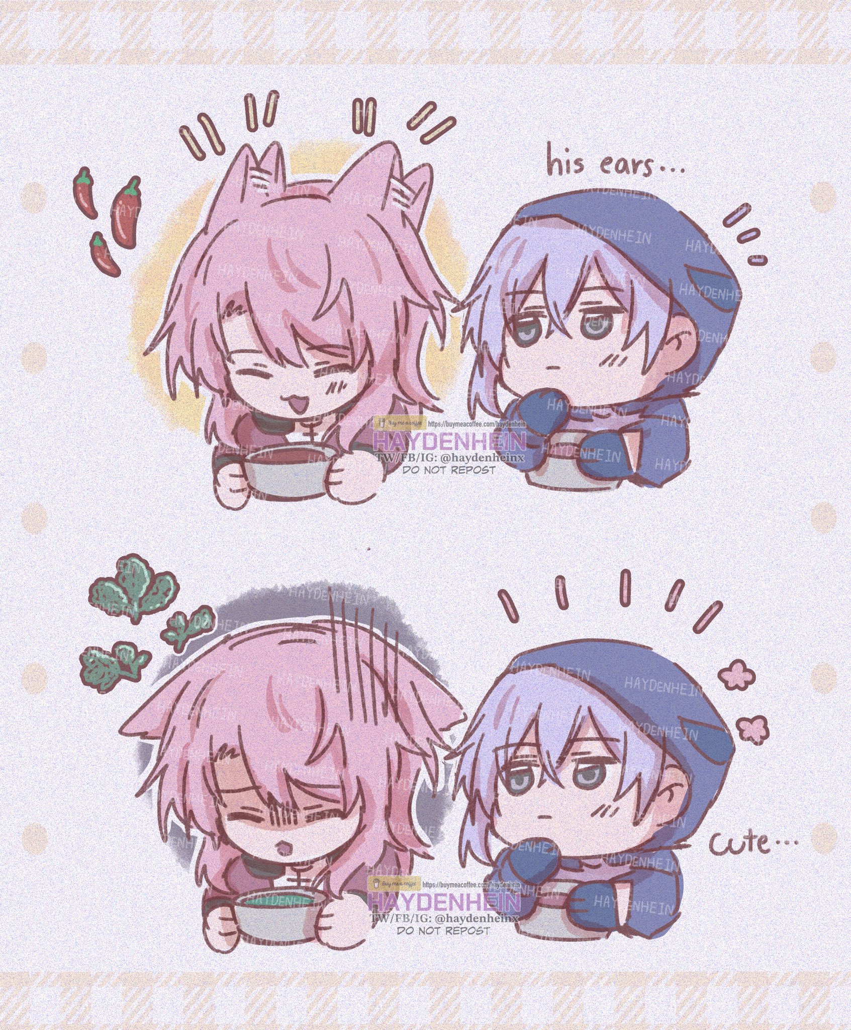 the image shows two anime characters. the one on the left has pink hair and a catlike appearance, while the one on the right has blue hair and is wearing a blue hooded jacket. they are both holding bowls of soup. the character on the left is blushing and looking at the character on the right, who is looking away and blushing slightly. the text above the image says "his ears..." and the text below the image says "cute...". the image suggests that the two characters are developing feelings for each other.