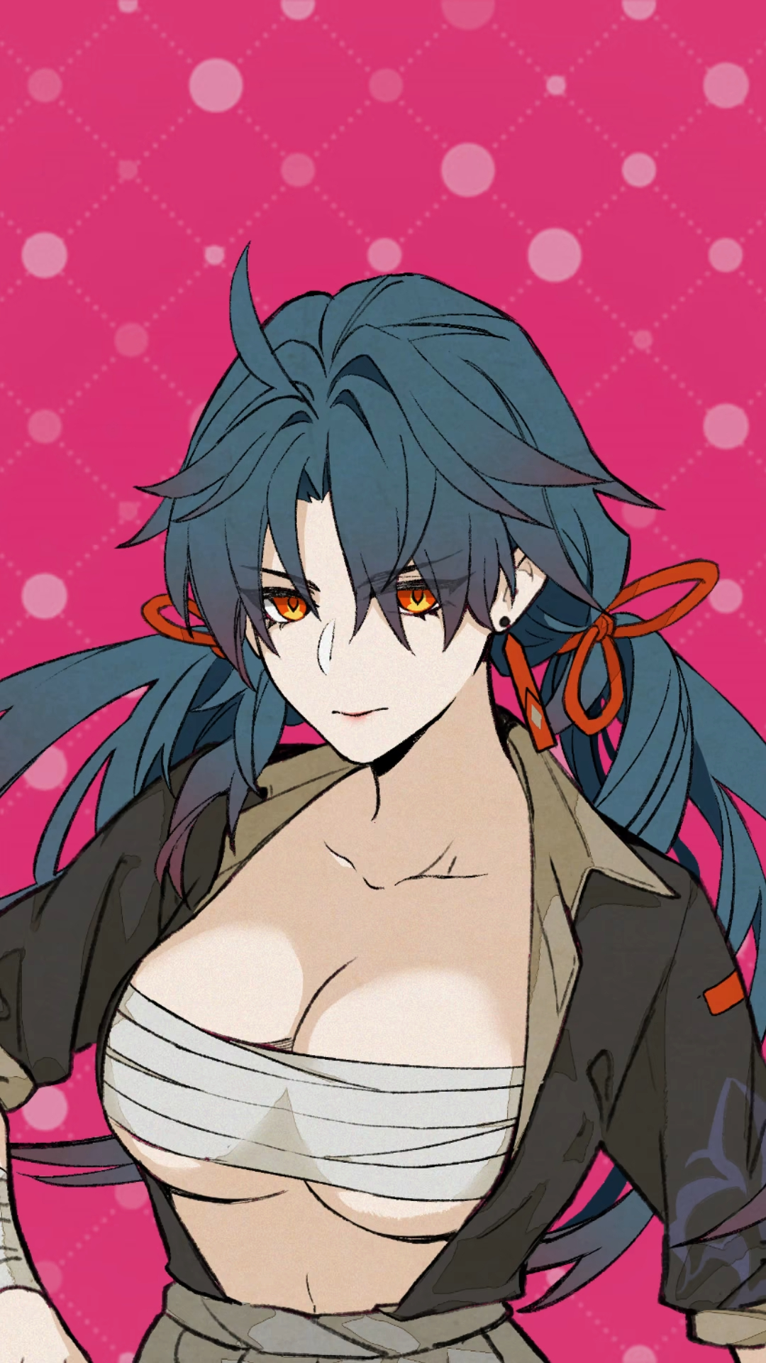 the image is a closeup portrait of an animestyle female character. she has long, dark blue hair styled in a ponytail with a red ribbon. her eyes are a striking orange. she's wearing a darkcolored jacket over a bandaged chest. the background is a vibrant pink with a subtle dotted pattern. the art style is reminiscent of manga and digital illustrations, with a focus on detail in the character's expression and features. the overall impression is one of a strong, yet potentially vulnerable, female character.