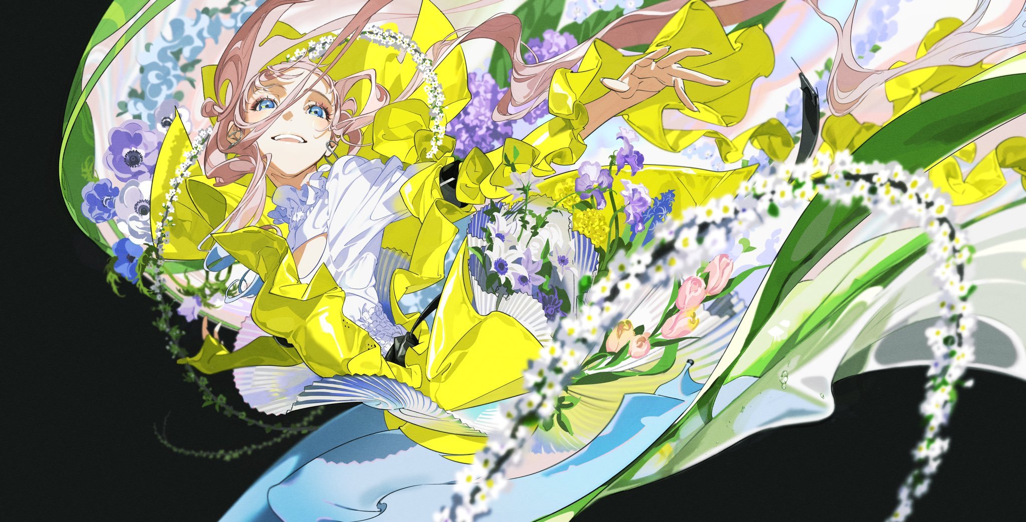 a young anime woman with long pink hair is depicted wearing a large yellow floral dress and a whimsical hat, posing with a large bouquet of flowers in her arms. the art is colorful and filled with a sense of magic and fantasy, creating a dreamlike atmosphere. the overall theme is whimsical and joyful.