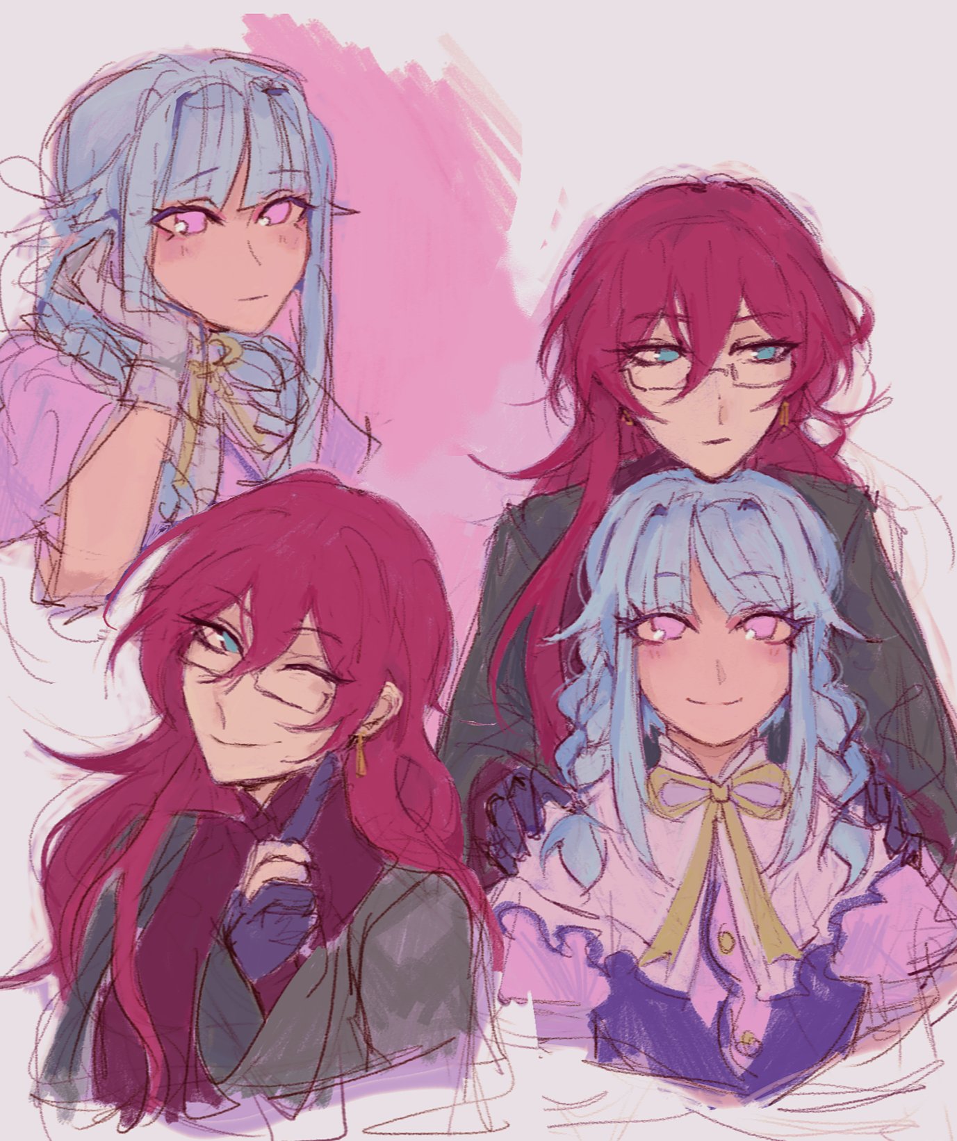 the image is a digital painting or sketch featuring four animestyle female characters.  they appear to be close friends or a group, possibly from a game or anime. three of the girls have long hair, with one in light blue, one in deep crimson, and another in a lighter crimson. the fourth has shorter, light blue hair.  the art style is soft and pastel, with emphasis on delicate features and soft, blended colors. two of the girls are shown wearing glasses. the overall mood is sweet, friendly and charming. the style suggests a digital sketch rather than a polished final product.  each character has distinct hair colors, eye colors and styles, indicating diverse personalities. the background is muted and pinktoned, drawing focus to the characters.
