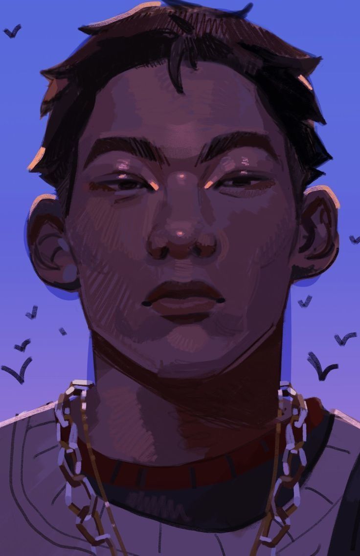 closeup portrait illustration of a young asian man with dark skin. he has short, dark hair and a serious, almost neutral expression. he's wearing a lightcolored sweater and a gold chain necklace. the background is a muted purple with stylized birds. the style is contemporary and atmospheric, with visible brushstrokes adding texture. the overall mood is calm yet slightly moody.