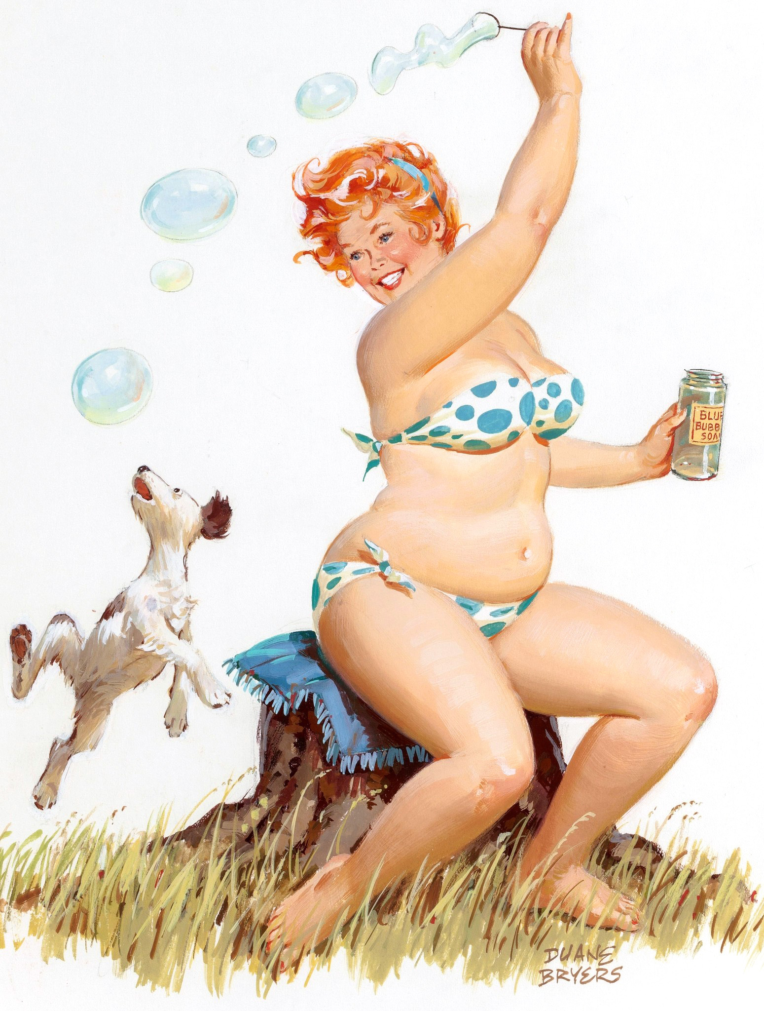 the illustration features a cheerful, plussize redhead woman in a blue polkadot bikini, playfully blowing bubbles. she's perched on a tree stump, with a bottle of bubble solution in her hand.  a small, energetic dog leaps beside her, seemingly amused by the floating bubbles. the scene is set outdoors, bathed in bright daylight, against a backdrop of grassy ground. the overall tone is lighthearted and joyful.