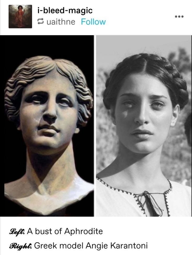 the image shows a splitscreen comparison. on the left is a bust of aphrodite, a classical sculpture. on the right is a black and white photograph of greek model angie karantoni. the image highlights the similarities in facial features between the ancient statue and the modern model.