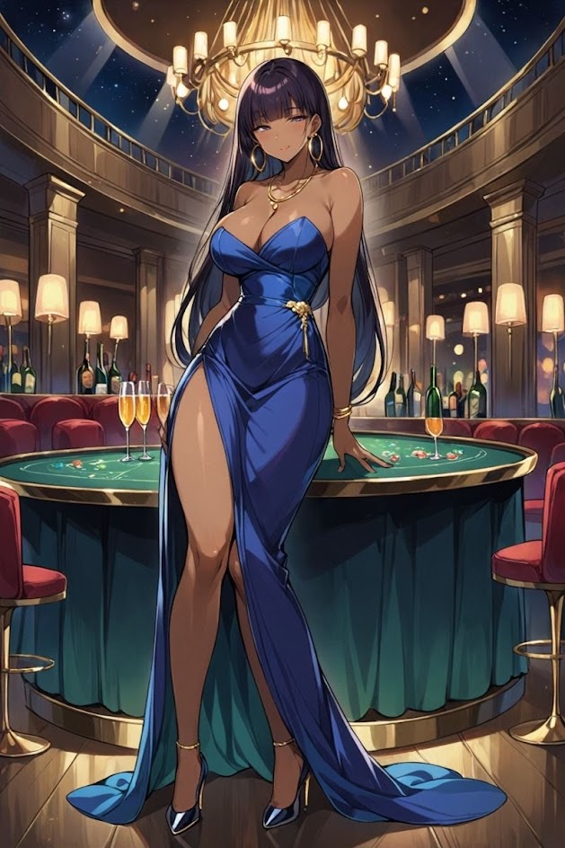 the image shows a woman in a blue, sexy, and glamorous dress, standing at a casino table. she is wearing high heels and gold jewelry. she is looking at the camera with a confident expression.