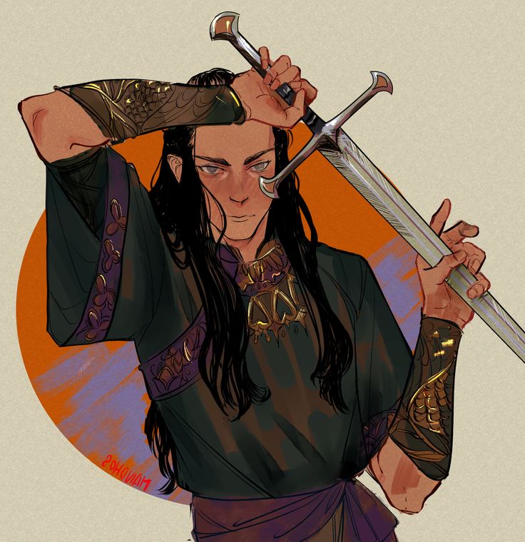 a digital portrait of a fantasy character. the character is a male elf, with long black hair, wearing intricate armor, and holding a sword. the character is depicted in a warrior pose.