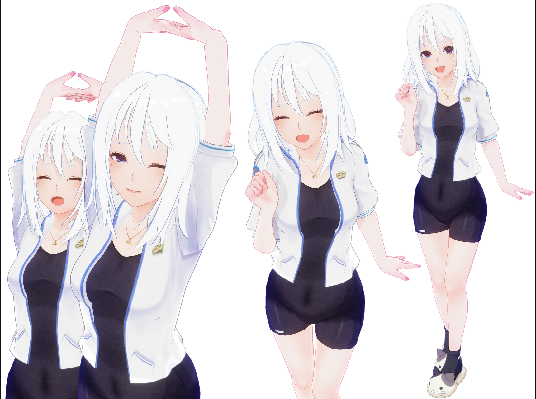 the image showcases a 3d model of a cheerful anime girl with white hair and blue eyes. she is dressed in a sporty outfit featuring a white jacket with blue trim over a black swimsuit. she is depicted in four different poses against a plain white background. the poses convey a sense of energy and happiness, with the girl stretching, winking, and striking dynamic stances. the lighting is soft, creating a gentle and appealing aesthetic.