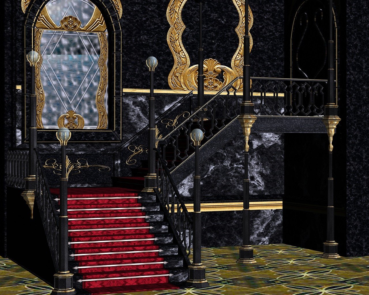 a luxurious and ornate interior scene featuring a staircase with a red carpet. the walls are made of black marble and adorned with gold accents. the staircase leads to a balcony with a black railing. the scene is lit by lamps and features a gothicinspired design with elegant and decorative elements.