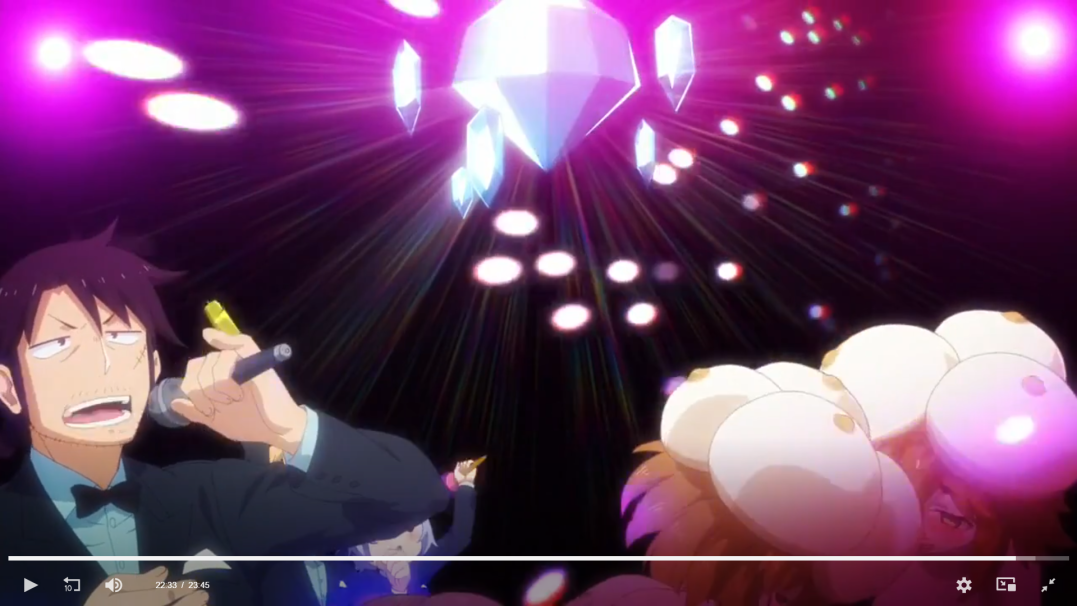 the image depicts a scene from an anime show. a male character is singing into a microphone on a stage, surrounded by a brightly lit and colorful environment. behind him, another female character is seen with glowing orbs around her, seemingly in support of the male character's performance. the stage is decorated with large, sparkling diamonds and rainbowcolored lights, creating a festive and exciting atmosphere. the characters' expressions suggest a happy and energetic mood, adding to the overall sense of joy and excitement.