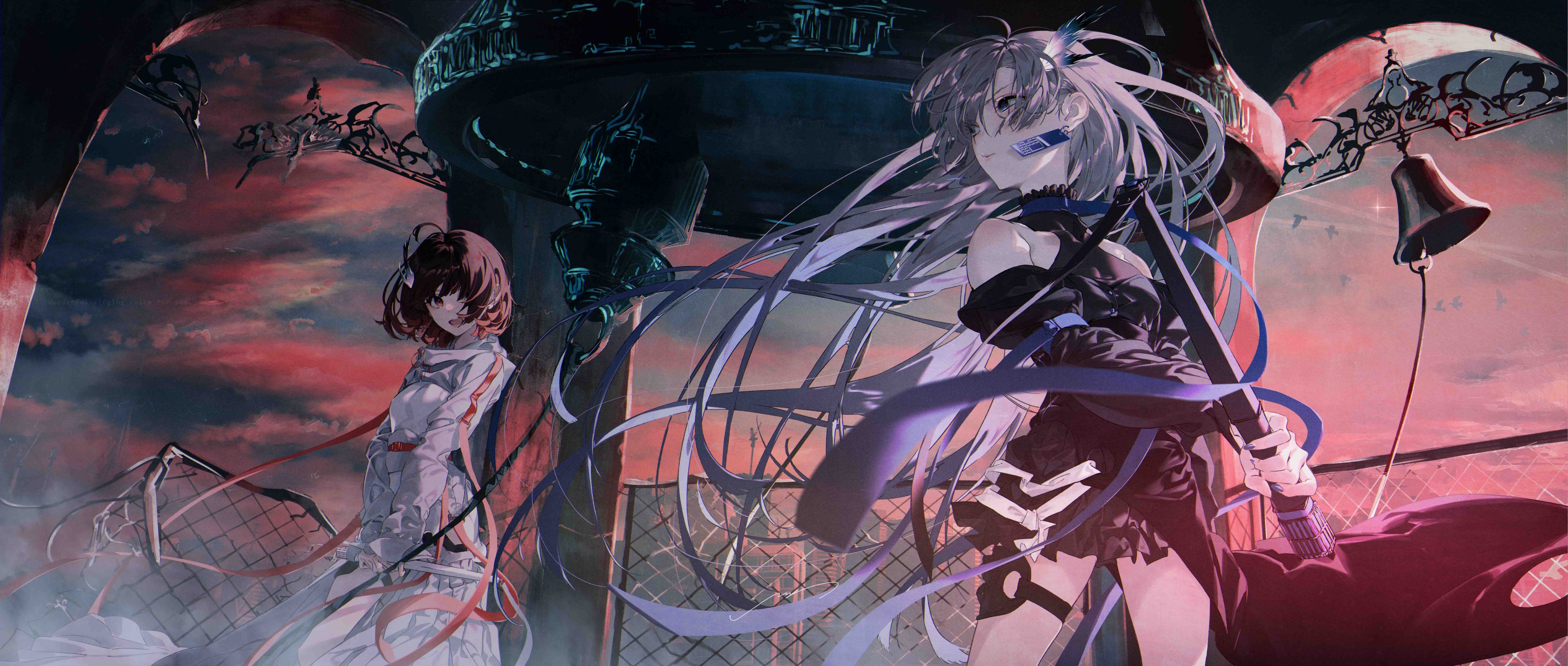 two anime girls stand in a futuristic city setting. the girl in the foreground has long purple hair, is dressed in black and has a blue and purple sword. the girl in the background has short red hair and is dressed in white and red, holding a weapon. there are clouds and a bright orange sky in the background. the city scene is filled with neon signs and graffiti.