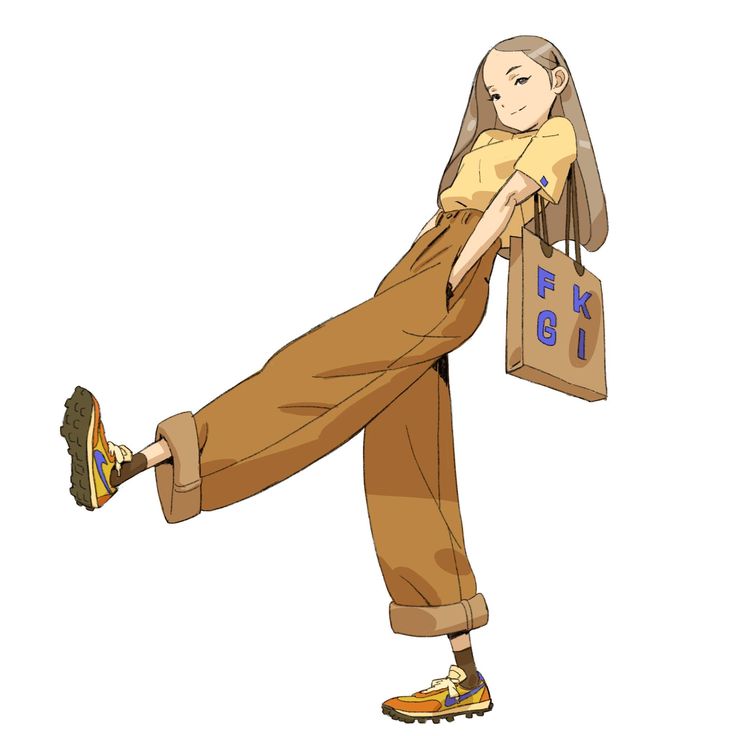 this is a cartoon illustration of a girl with long brown hair. she is wearing a yellow shirt and brown pants, and she has a brown shopping bag with blue letters on it. she's holding the bag in her left hand and she's walking with her right leg lifted in the air. she is wearing yellow and blue sneakers. the background is white.