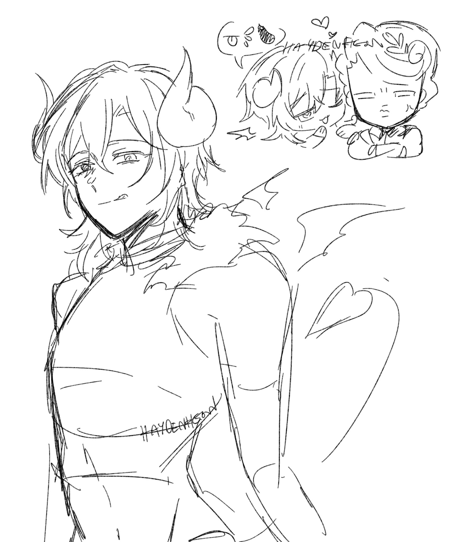 a handdrawn sketch of an anime girl with horns, wings, and a heart shape around her, possibly a demon character.  she is looking down with a thoughtful expression. there are two other small characters in the top right corner, possibly other demons. the sketch is done in black and white with a rough style.