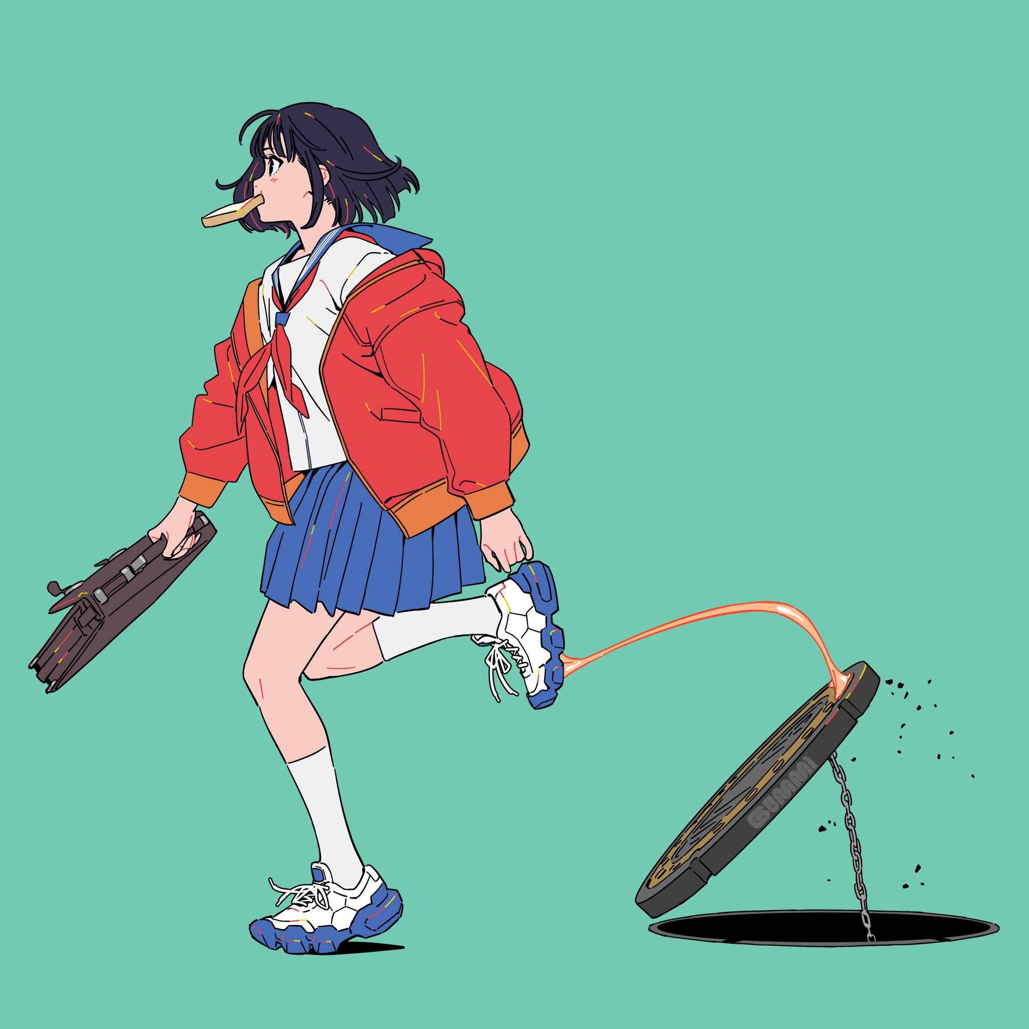 the illustration shows an animestyle schoolgirl with short dark hair, wearing a red jacket and a blue pleated skirt, running while chewing a piece of bread.  she's wearing white socks and sneakers. her right foot is stuck to a manhole cover that has been flung open by a string of what appears to be gum, stretching from her shoe to the open manhole.  the style is cartoonish and vibrant, with bold lines and flat colors. the overall tone is lighthearted and playful, even slightly surreal. the background is a solid teal.