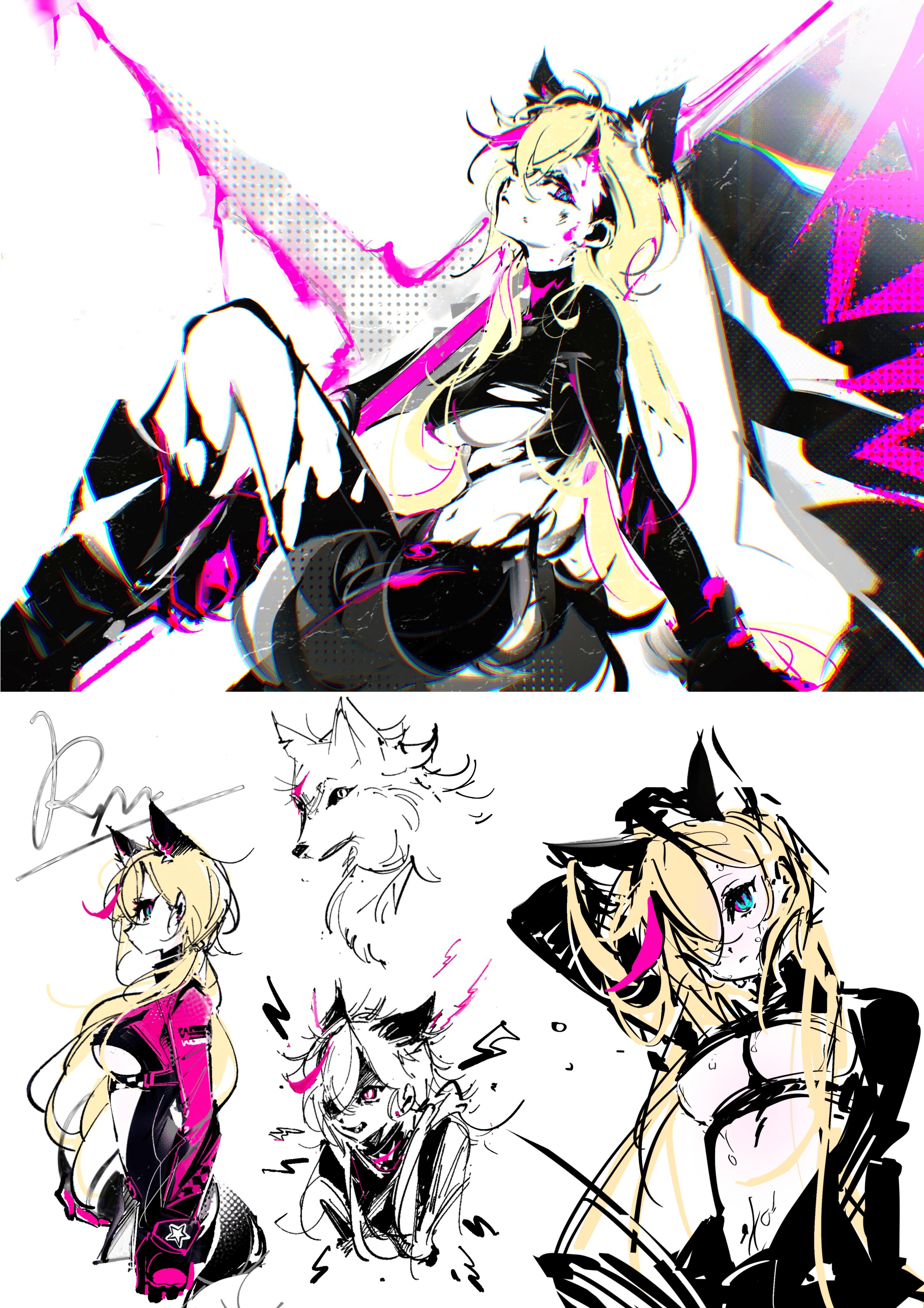 this is a digital illustration that features an animestyled girl with furry wolf ears. the art style is a bit rough and is probably a sketch.  she is in an action pose with the left arm slightly bent and the right arm straight down with the hand clenched. the girl is wearing a black top and black pants with pink accents and has a black weapon. there are sketches of her face and a wolf in the bottom of the image. the background is white with some pink accents.