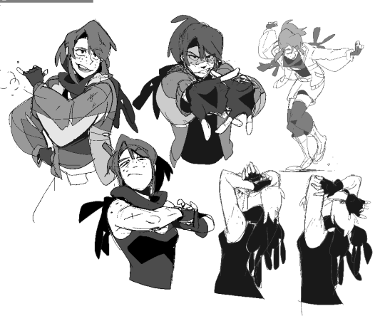 this is a sketch drawing in black and white of four anime girls in different action poses. the girls are all young and stylish, with colorful clothing and accessories. they are all in different dynamic poses, suggesting a sense of movement and action. the artist has captured their energy and confidence, creating a powerful and engaging image.