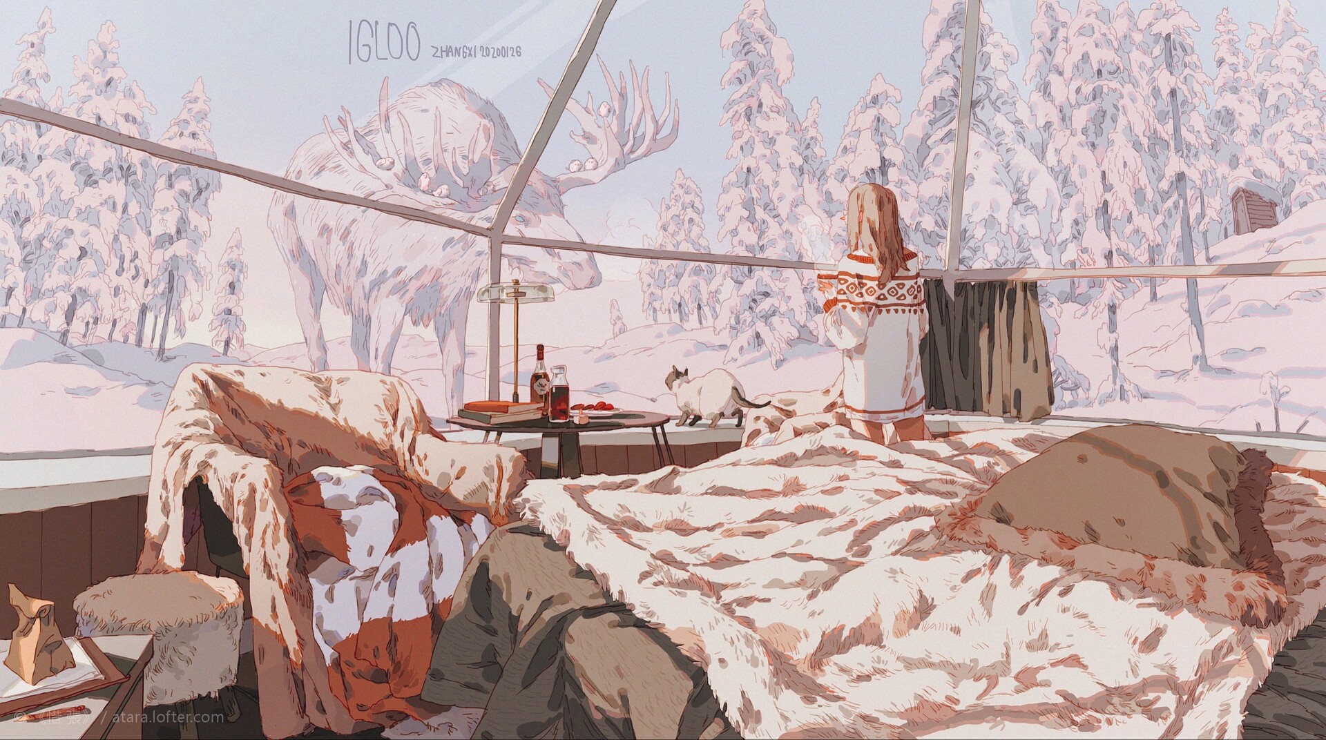 an image of a cozy cabin in a snowy winter landscape. the cabin is made of glass, and the view is of a snowy forest. a girl sits on a couch with a white cat. the scene is peaceful and relaxing, and the colors are soft and muted. the image is illustrated in a cartoon style, with a focus on the details of the cabin and the winter landscape.