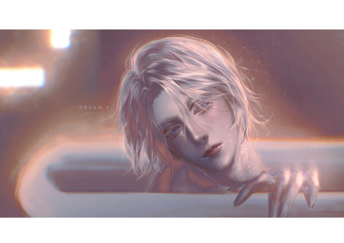 a young man with blonde hair and blue eyes is shown in a bathtub, from the chest up. his expression is serene and dreamy. the lighting is soft and warm, creating a relaxing and ethereal atmosphere. the image has a soft, painterly quality. there are water droplets on his skin. the color scheme is muted and pastel, with a predominance of warm tones. the background is out of focus, emphasizing the subject.