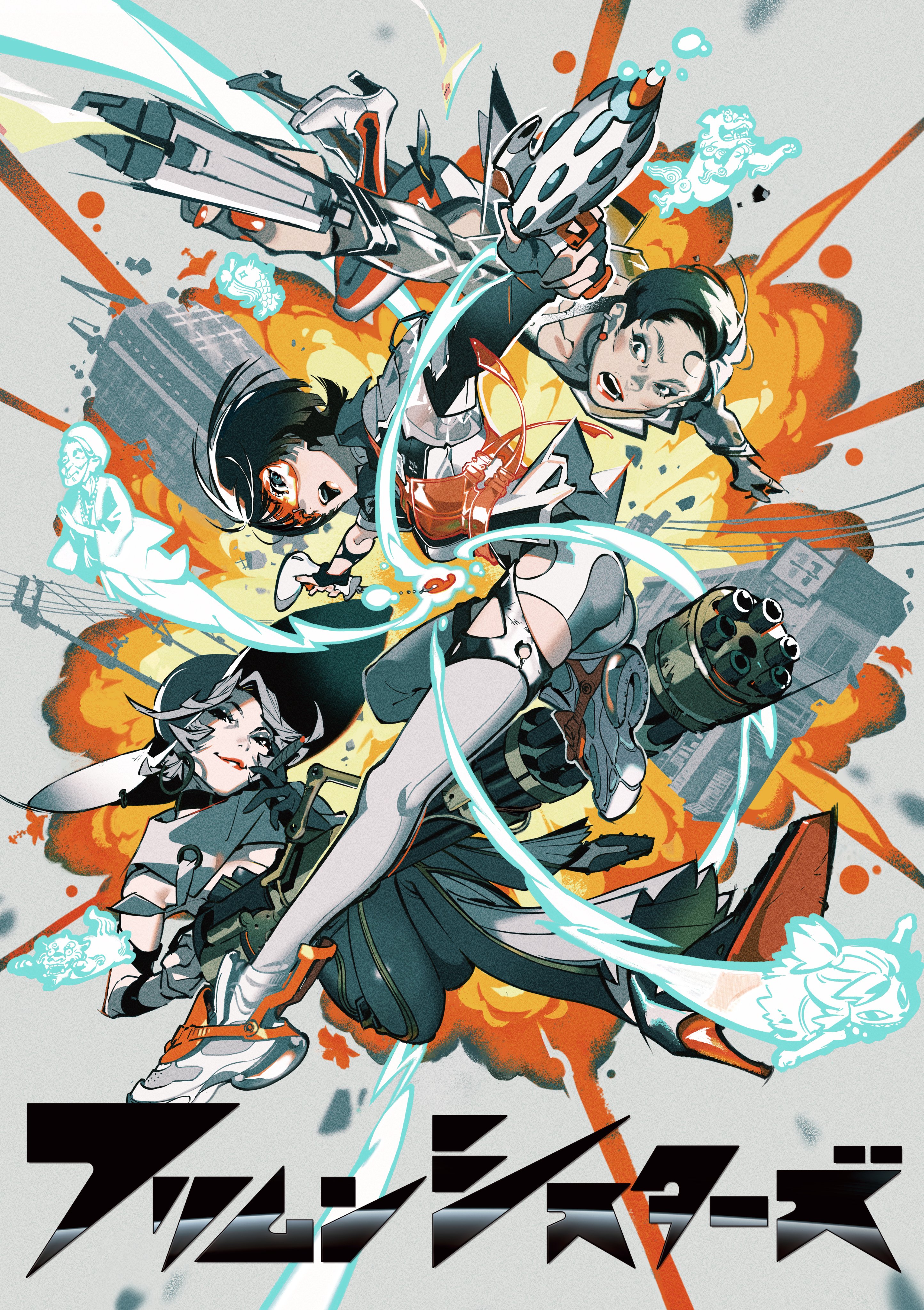 the image showcases three animestyle girls engaged in a fierce battle amidst a vibrant, futuristic city. each girl is clad in stylish, revealing attire with distinct color schemes and wields an assortment of futuristic weapons, including massive guns and energy blades. they are surrounded by explosions, energy blasts, and debris, creating a sense of dynamic action and chaos. the perspective is low, emphasizing the girls' power and the scale of the conflict. the background features stylized city buildings engulfed in explosions, further enhancing the cyberpunk and actionpacked atmosphere.