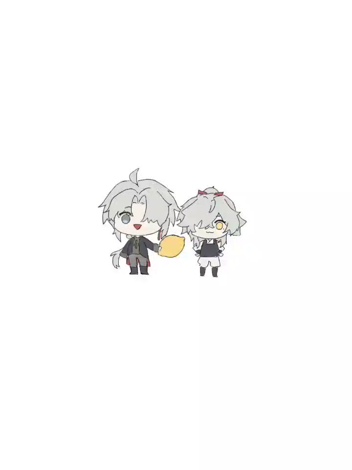 this is a cute anime drawing of a chibi boy and girl. the boy has a yellow lemon in his right hand and the girl is standing next to him. they are both looking at each other in a friendly way. the drawing is simple and clean, and the characters have big eyes and smiles. the drawing is set against a white background.