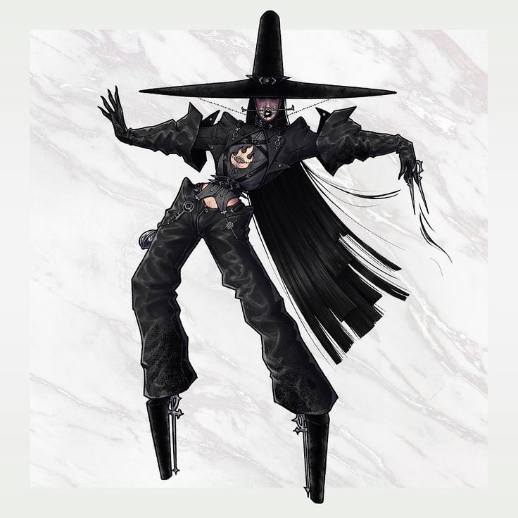 this illustration depicts a gothinspired character with long black hair and a pointed black hat. they're dressed in all black, with a long, flowing cloak, a corset, and flared jeans. the character's pose is dramatic, with their arms and legs outstretched, creating a sense of movement and energy. they're wearing boots with pointy toes and heels that appear to be fused with the soles of the boots, adding to the goth aesthetic. the background is a simple white marble design, allowing the character and their outfit to be the focal point.