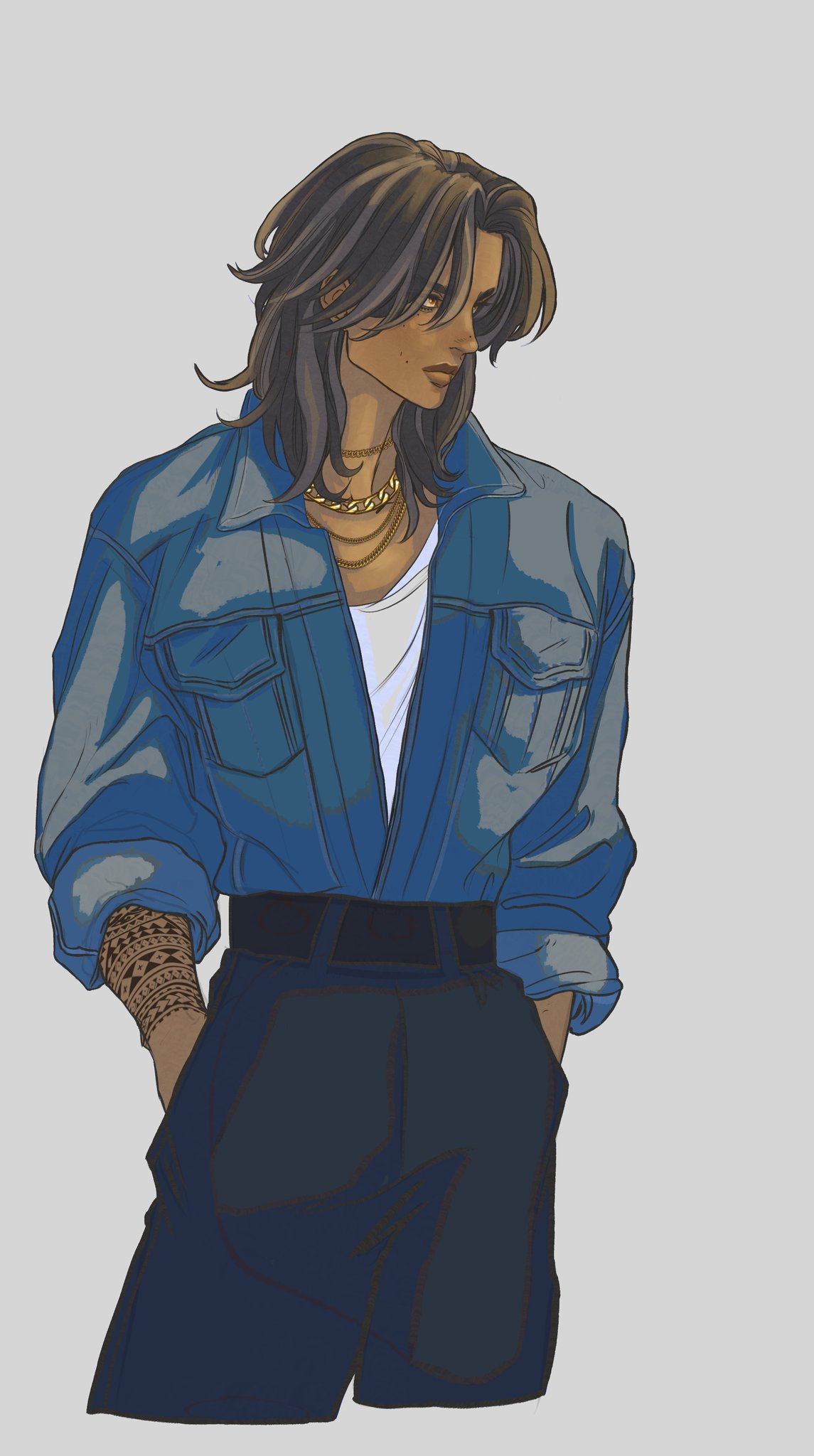 an illustration of a lightskinned male with dark hair, wearing a denim jacket, a white shirt underneath, dark blue pants, and a gold necklace. he has a tattoo on his left forearm.