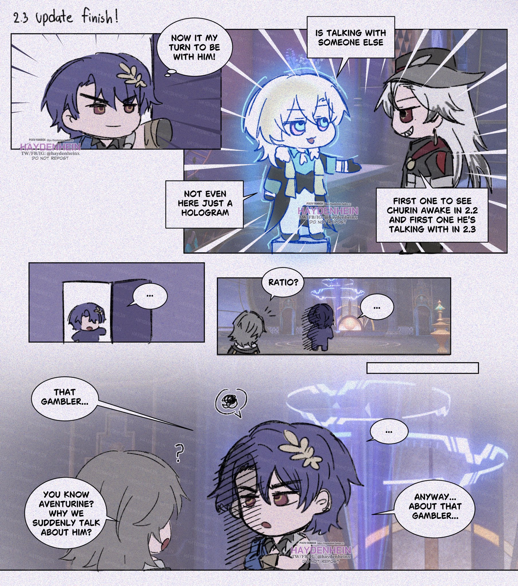 this is a comic panel with multiple characters. the main character is a young man with purple hair and glasses, he is looking at a younger boy with blonde hair. the boy is looking at a different boy, who is talking with a mysterious woman. the background of the panel features the word "ratio?".
