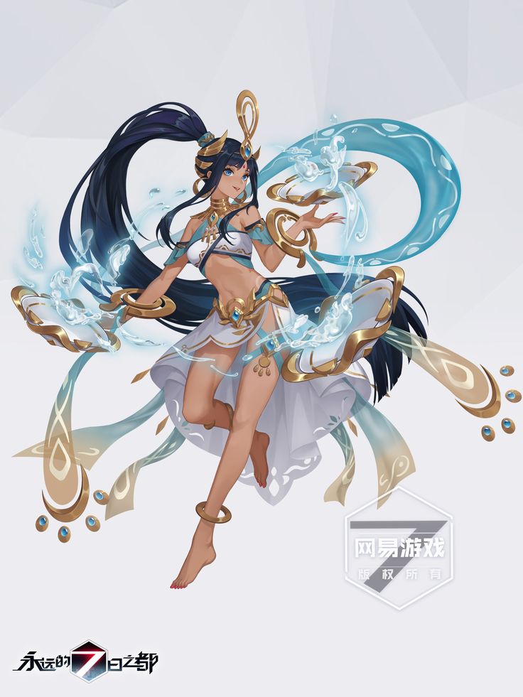 this is an anime illustration of a beautiful woman with long black hair. she's wearing a white and gold outfit and her hair is pulled back in a ponytail. the woman is surrounded by water and she is smiling. her outfit and the water are adorned with gold accents.