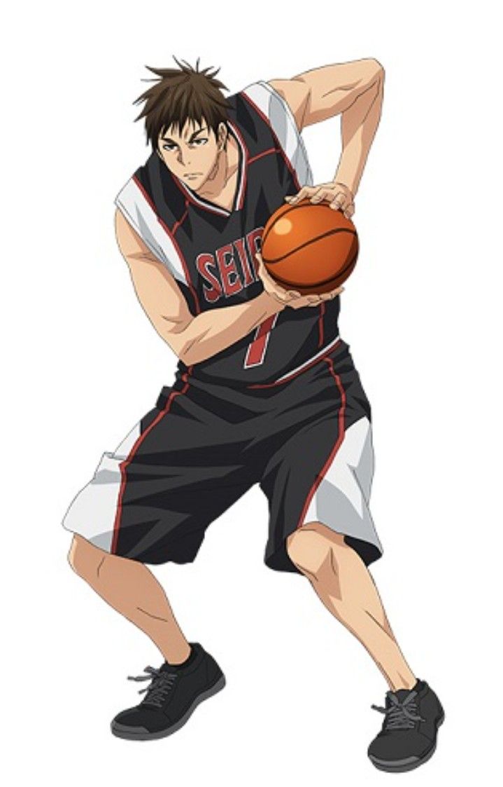 an anime character in a basketball jersey and shorts is dribbling a basketball. the character is depicted in a dynamic pose with his arms extended and his legs bent. he has dark brown hair and a serious expression on his face.