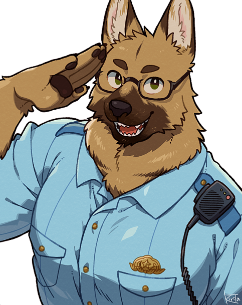 a friendlylooking german shepherd police officer, depicted in a furry art style, salutes with his right paw while wearing a light blue police uniform with a gold badge and a walkietalkie. he has brown fur, black paw pads, and wears round glasses.  his cheerful expression and the soft lighting contribute to the image's welcoming tone.