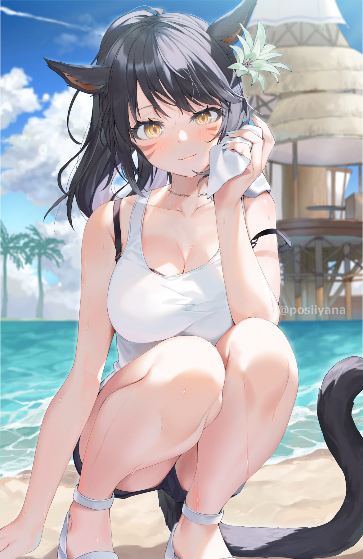 the image shows an animestyle catgirl sitting on a beach. she is wearing a white tank top and black shorts. she has long black hair with cat ears, and she is wiping sweat from her face with a white towel. the background features a clear blue sky, palm trees, ocean, and a wooden structure resembling a beach hut. the overall style of the illustration is bright, cheerful and suggestive of a summer day at the beach. the artist's signature "@posiiyana" is visible in the image.
