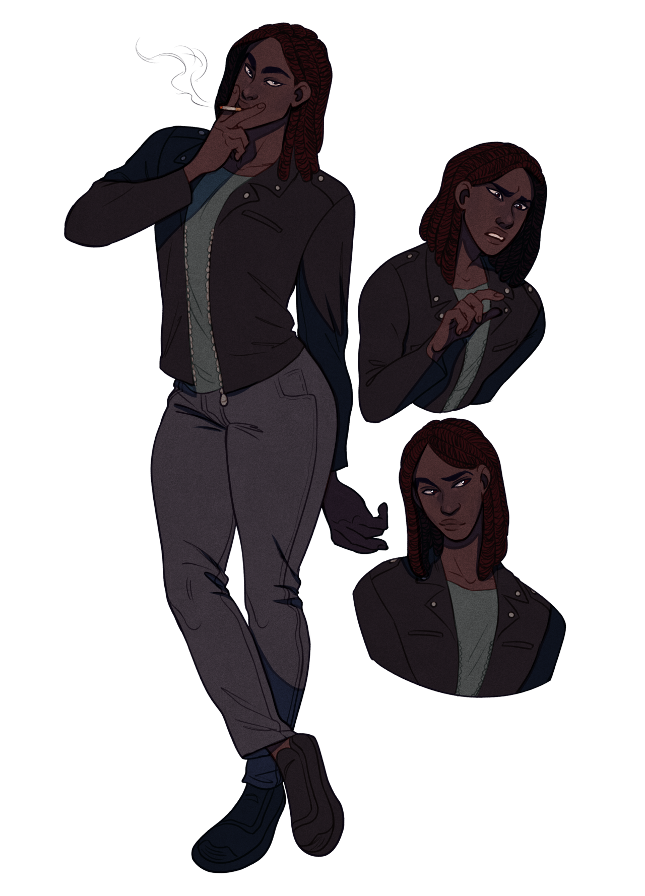 a digital illustration of a cool and confident black woman with locs. she's wearing a leather jacket, a grey shirt, grey jeans and black sneakers. the image shows the character in three poses, a full body, a torso and a bust. she is smoking in one of the poses. the lighting suggests an indoor setting with artificial light. the color palette is muted and cooltoned.