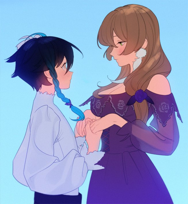 the image showcases a stylized drawing of a young couple, likely inspired by anime or manga. the taller woman, with long flowing brown hair and a purple dress, gazes down tenderly at the shorter, bluehaired young man in a white shirt. their hands are intertwined, and a sense of warmth and intimacy emanates from their connected gaze. the background is a solid, light blue, further emphasizing the couple as the focal point. the overall aesthetic leans towards a soft, romantic, and dreamlike atmosphere.