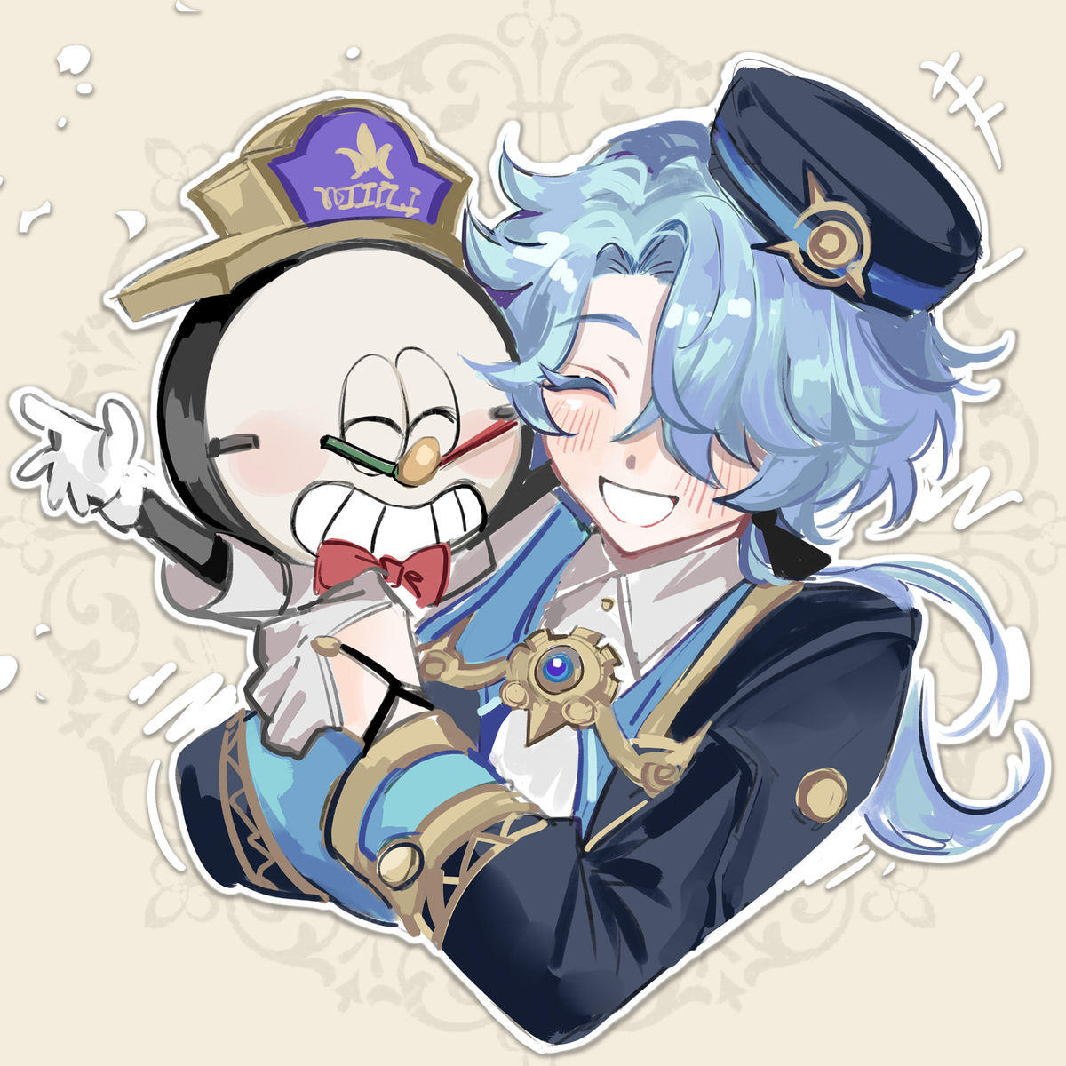 this is a colorful anime illustration of two cartoon boys hugging. the boy in the front is wearing a blue and gold suit, he has blue hair and is smiling happily at the other boy. the boy in the back is wearing a black and white hat and is smiling. the background is a pattern of white lines and curves.