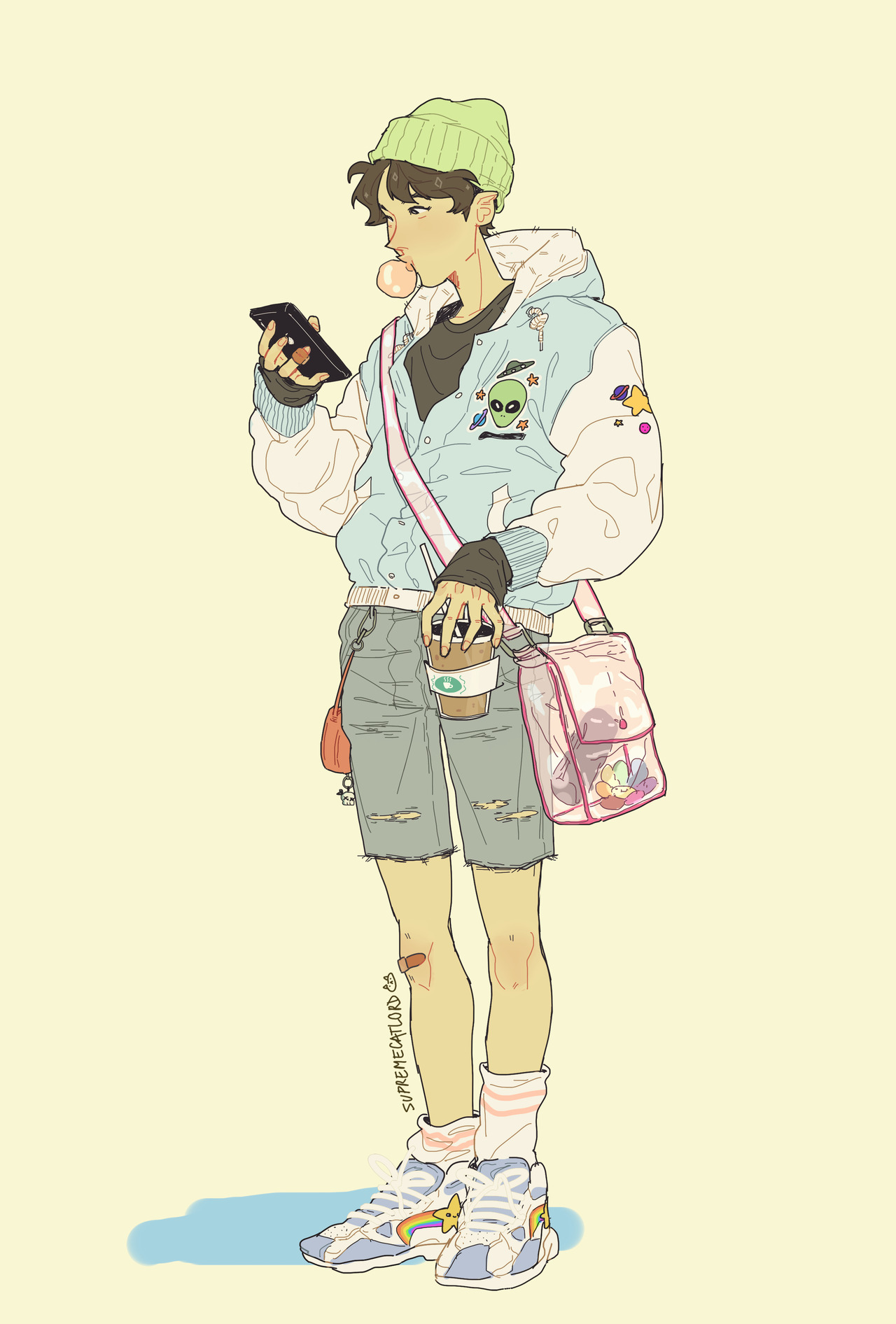 full body illustration of a young man with brown hair wearing a green beanie, looking down at his phone. he is blowing a bubble with pink bubblegum and holding a takeout coffee cup in his other hand. he is dressed in a trendy, streetwearinspired outfit featuring a blue and white jacket with alien patches, ripped jean shorts, white socks, and colorful sneakers. he carries a clear plastic messenger bag containing various items, including a pink unicorn keychain.  the illustration is drawn in a stylized manner with flat lighting and minimal background.