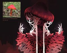 the illustration showcases a female entity embodying the spirit of a red mushroom, set against a dark forest background.  she is depicted with long, flowing white hair that mimics the mushroom's gills, cascading down her front. her skin is pale, contrasting with her attire and the overall dark setting.  her dress is formed by large, feathery shapes reminiscent of the mushroom's cap, rendered in deep reds and accented with black shadows. her hands, with elongated fingers, are raised in a gesture that could be interpreted as either welcoming or threatening. the image has a mystical and slightly ominous aura, hinting at the creature's connection to magic and the unknown depths of the forest.