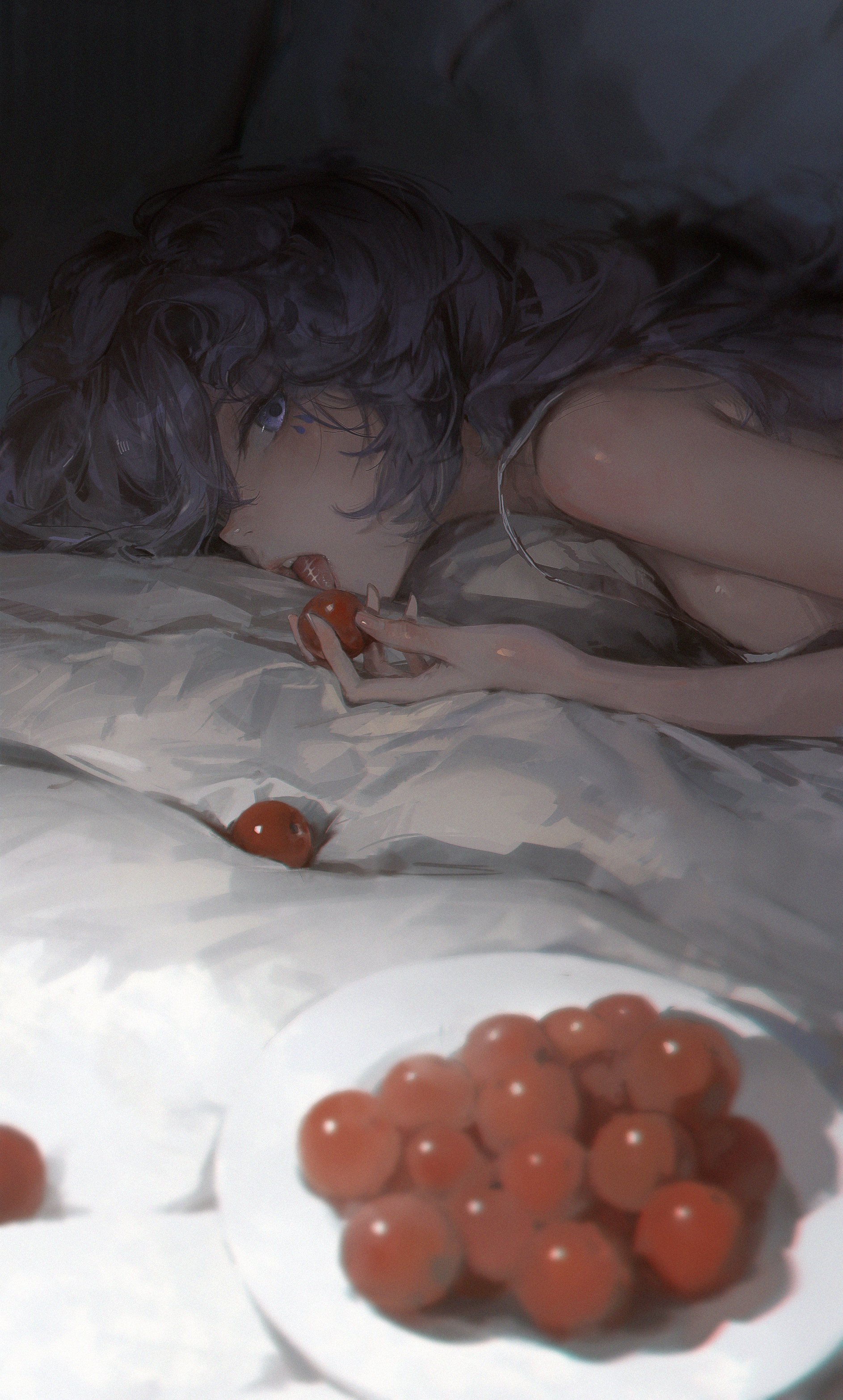 an illustration depicting a woman with grey, wavy hair lying down in a bed. she is holding a tomato in her hand and appears to be eating it. a white plate with several more tomatoes is positioned on the bed next to her. the lighting is soft, highlighting her pale skin. the style of the image resembles digital art.