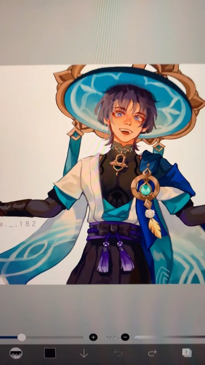 the image is a digital drawing or painting of an animestyle male character. he's wearing a large, ornate hat with teal and gold accents, a flowing white and teal robe, and a darkcolored kimonolike garment underneath.  his attire includes purple accents and a noticeable pendant. the art style is vibrant and detailed, suggesting a fantasy setting, perhaps inspired by a video game like genshin impact.  the artist's signature or watermark is partially visible. the image shows the artwork on a digital art program interface, which indicates it's a work in progress or being reviewed.