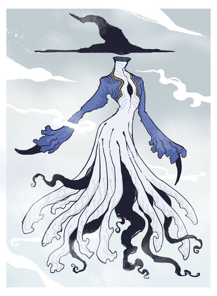 the illustration depicts a headless figure, evocative of a witch, floating amidst clouds. the figure wears a large, dark pointed hat and a long, flowing white dress with blue sleeves. the dress features intricate, almost tentaclelike, trailing extensions that flow down like dark hair or a veil. the style is whimsical and fantastical, blending elements of art nouveau and gothic aesthetics.  the color palette is predominantly blue, white, and black, creating a ethereal and mysterious atmosphere. the overall effect is one of otherworldliness and magic.