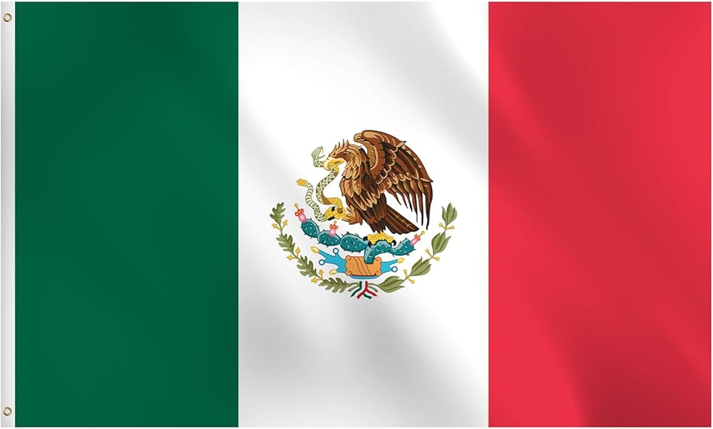 the image depicts the mexican flag, a tricolour with vertical stripes of green, white, and red. in the centre of the white stripe, there is a coat of arms featuring an eagle perched on a cactus with a snake in its beak. the flag is waving, creating folds in the fabric and a sense of movement. the colours and symbols are vibrant and represent the country's identity and heritage.