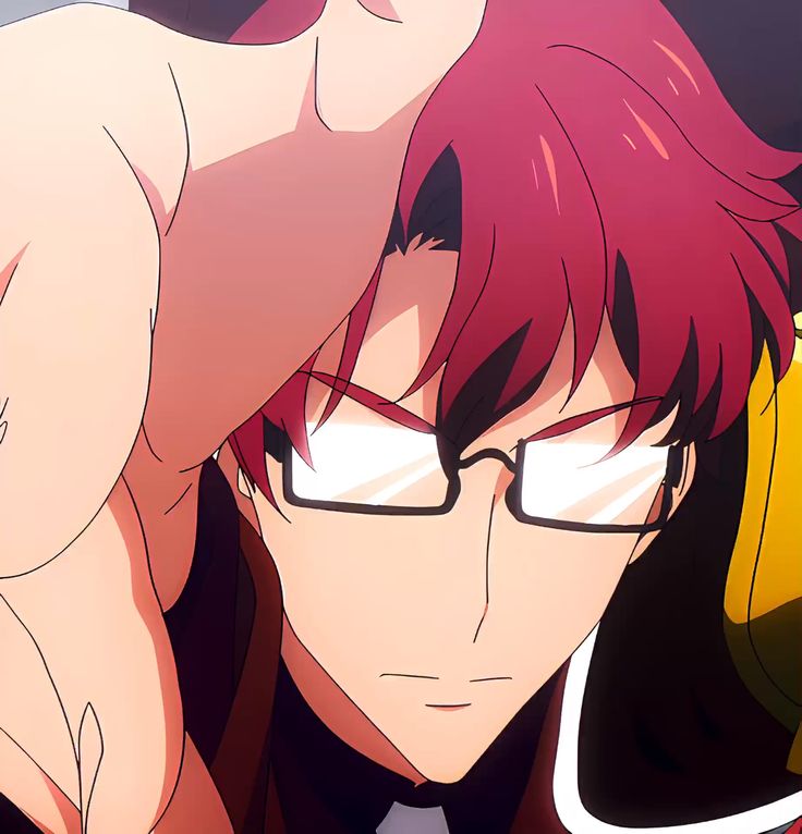 a closeup illustration of a young man with red hair and glasses. he's looking directly at the viewer with a serious expression. the image has a dynamic composition with a low angle, making the character appear powerful and imposing.  his glasses are reflecting a bright light source, likely artificial. the overall color palette is warm and bold.