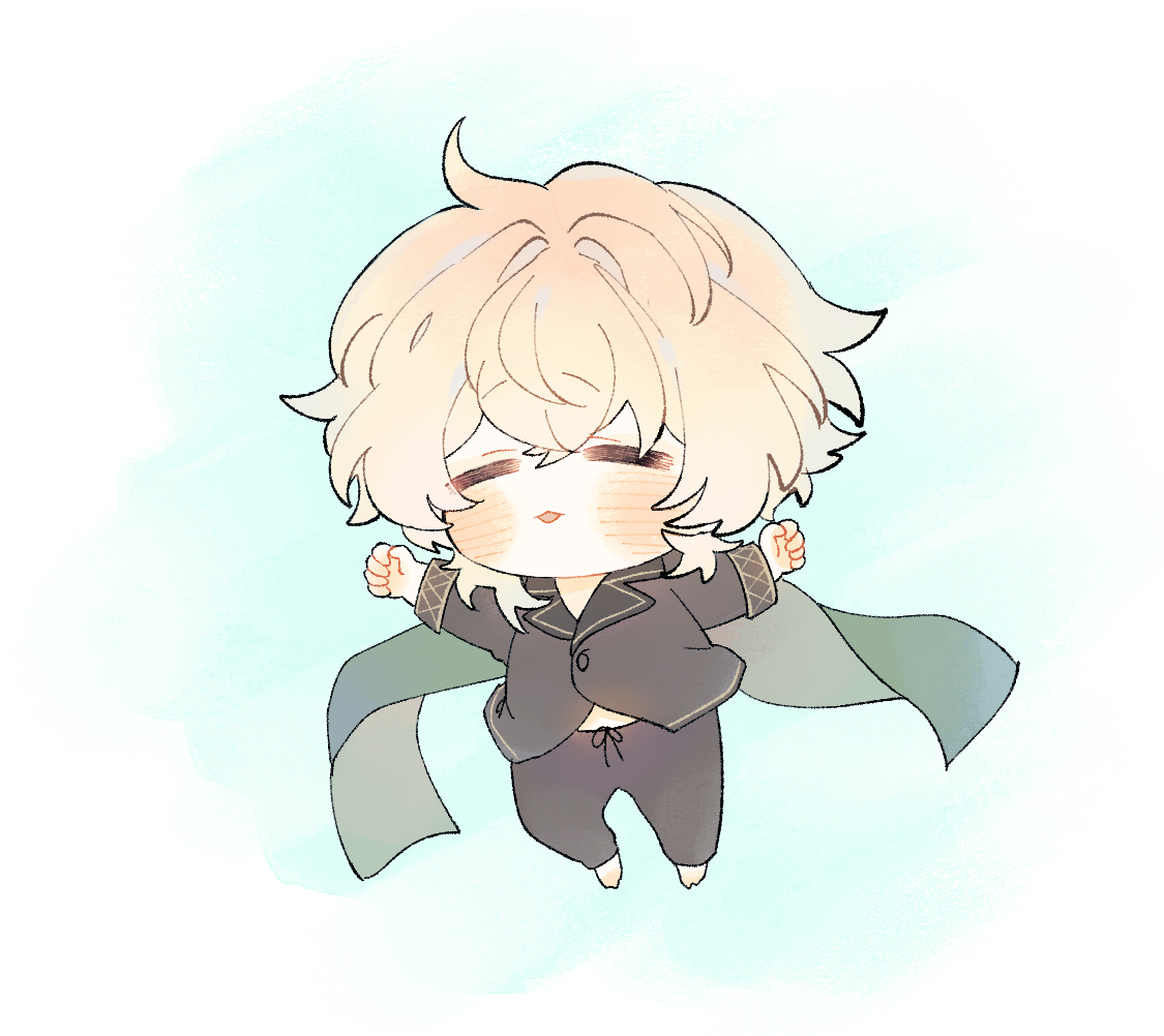 he image is a digital drawing of a chibistyle anime boy with blonde hair. he is wearing dark gray pajamas and a dark gray cape.  he appears to be asleep or waking up, with his eyes closed and a relaxed expression. the art style is soft and pastel, with a watercolorlike texture. the background is a light teal, creating a gentle and peaceful atmosphere. the overall impression is one of cuteness and tranquility.